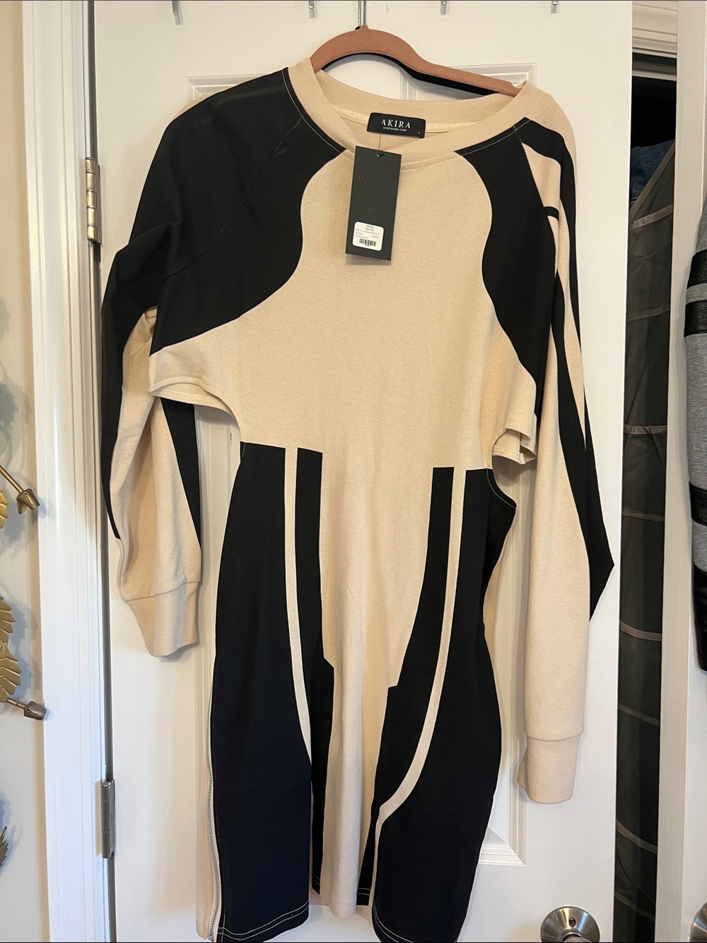 AKIRA Beige and Black Colorblock Cutout Sweatshirt Dress